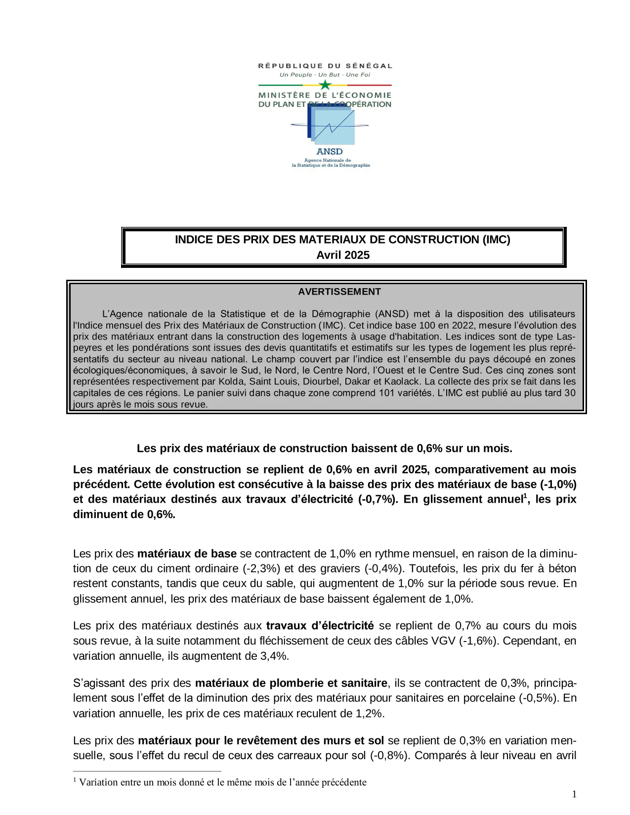Indice des prix des matériaux de construction (IMC), avril 2025 – ANSD