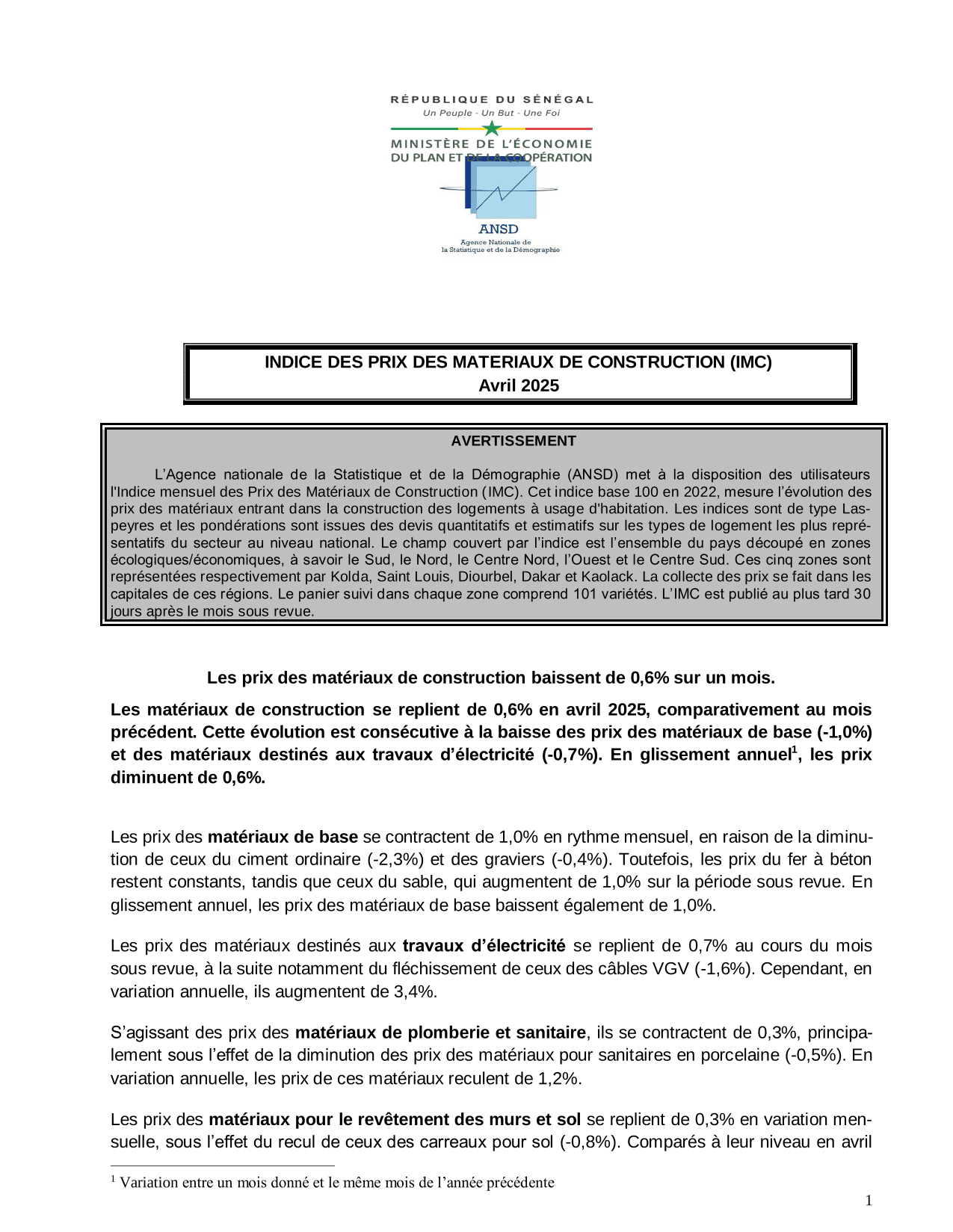 Indice des prix des matériaux de construction (IMC), avril 2025 – ANSD