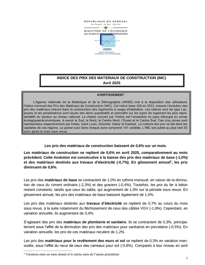 Indice des prix des matériaux de construction (IMC), avril 2025 – ANSD