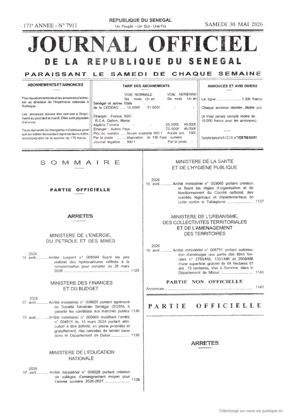 Journal Officiel N° 7911 du 30 mai 2026 - République du Sénégal