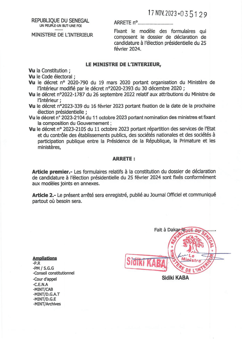 Arrêté fixant les modèles des formulaires du dossier de déclaration de candidature à l’élection présidentielle du 25 février 2024 – Ministère de l’Intérieur du Sénégal