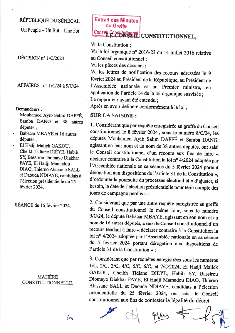 Décision n° 1/C/2024 du 15 février 2024 relative à la loi n° 4/2024 et au décret n° 2024-106 sur l’élection présidentielle du 25 février 2024 – Conseil constitutionnel du Sénégal