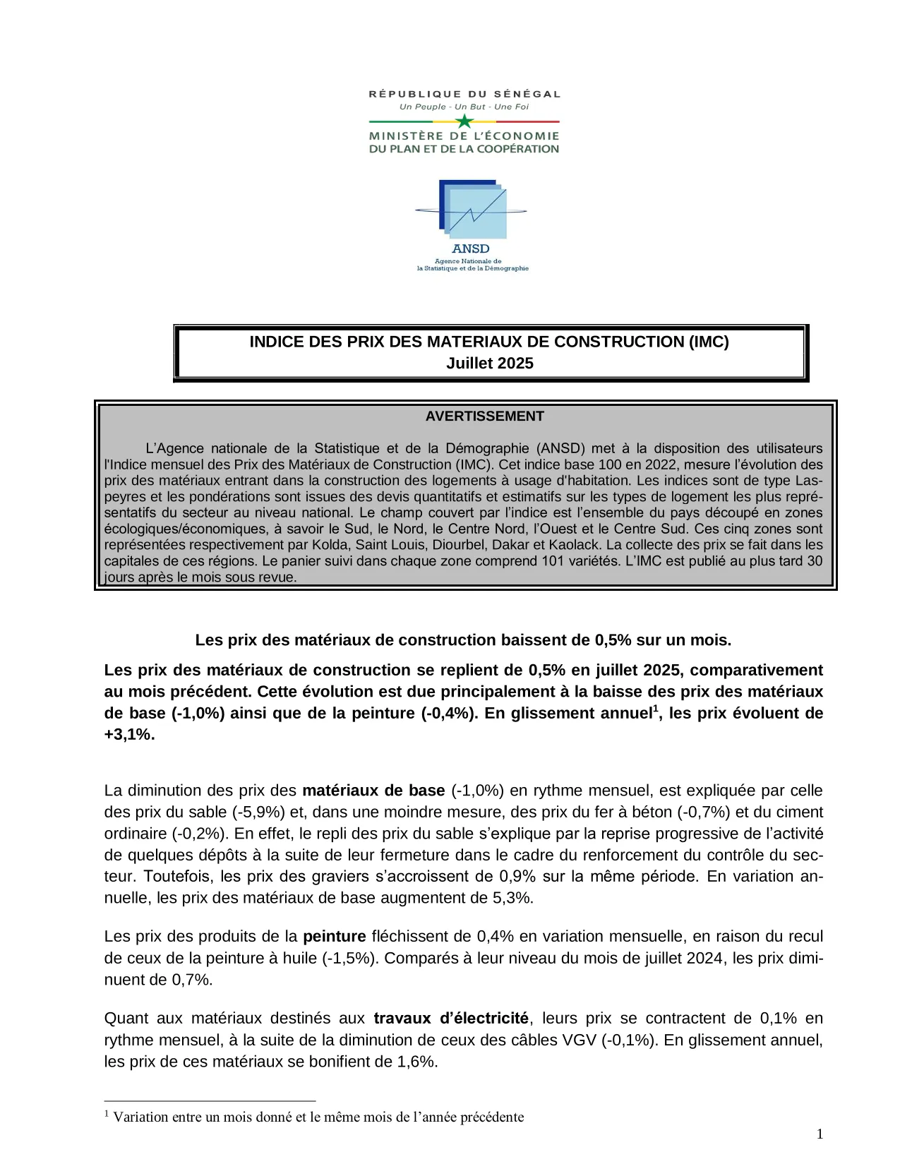 Indice des prix des matériaux de construction (IMC), juillet 2025 – ANSD