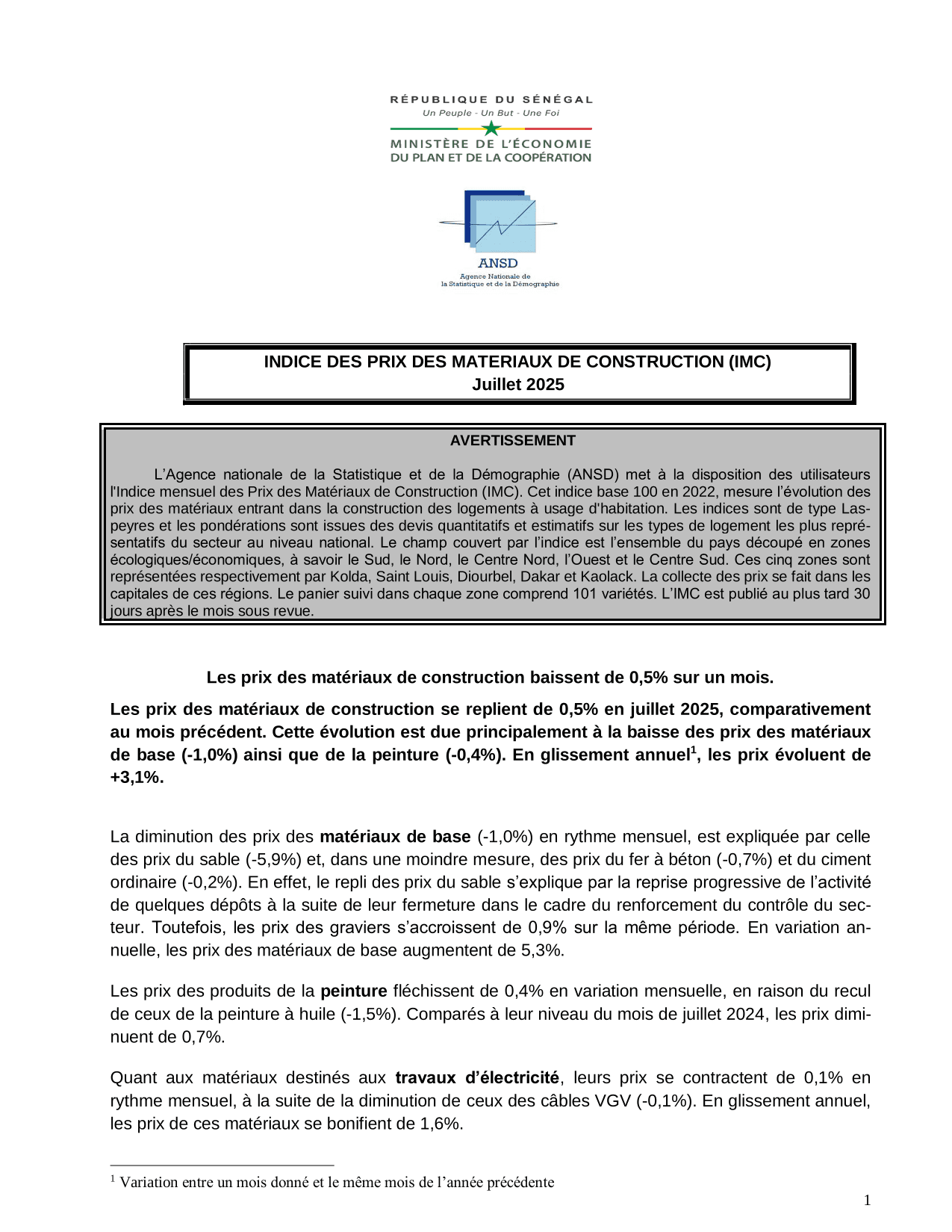 Indice des prix des matériaux de construction (IMC), juillet 2025 – ANSD