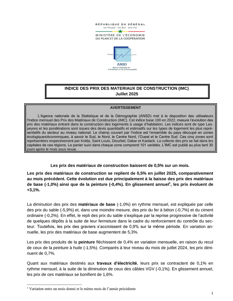 Indice des prix des matériaux de construction (IMC), juillet 2025 – ANSD