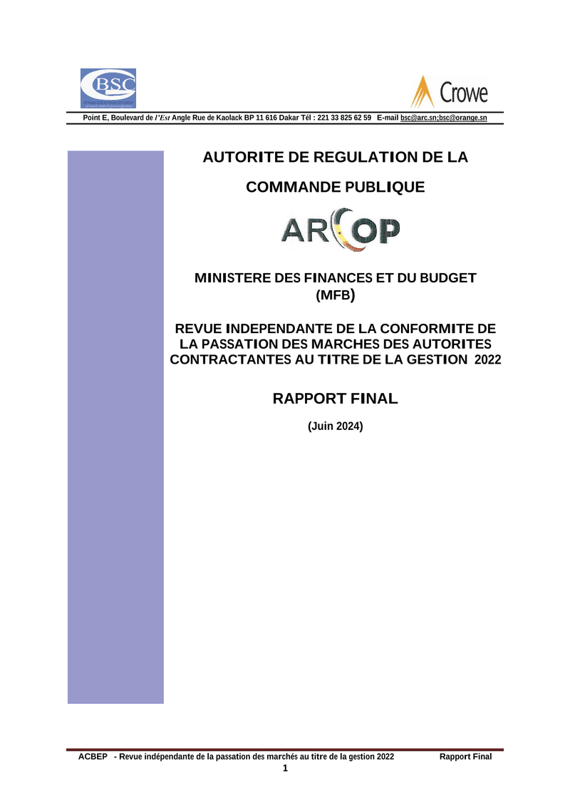 Revue indépendante de la passation des marchés du Ministère des Finances et du Budget 2022 – ARCOP
