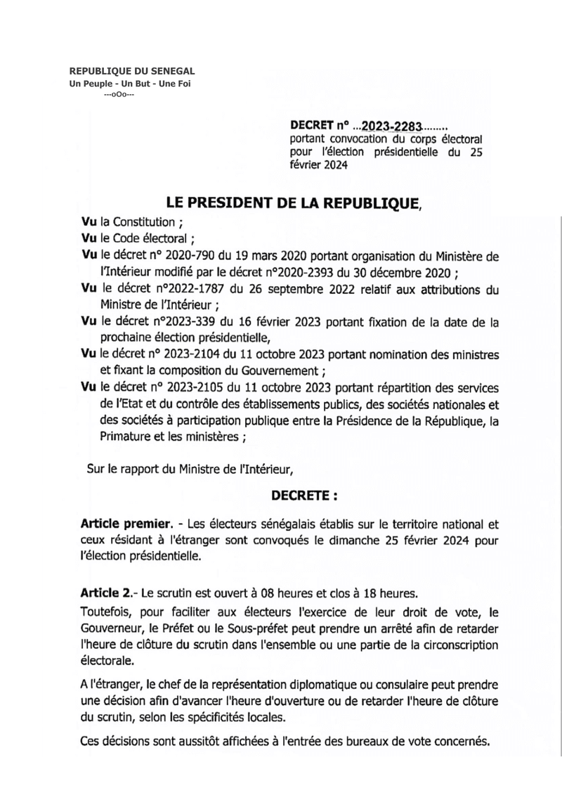 Décret n° 2023-2283 du 29 novembre 2023 portant convocation du corps électoral pour l’élection présidentielle du 25 février 2024 au Sénégal – Président de la République
