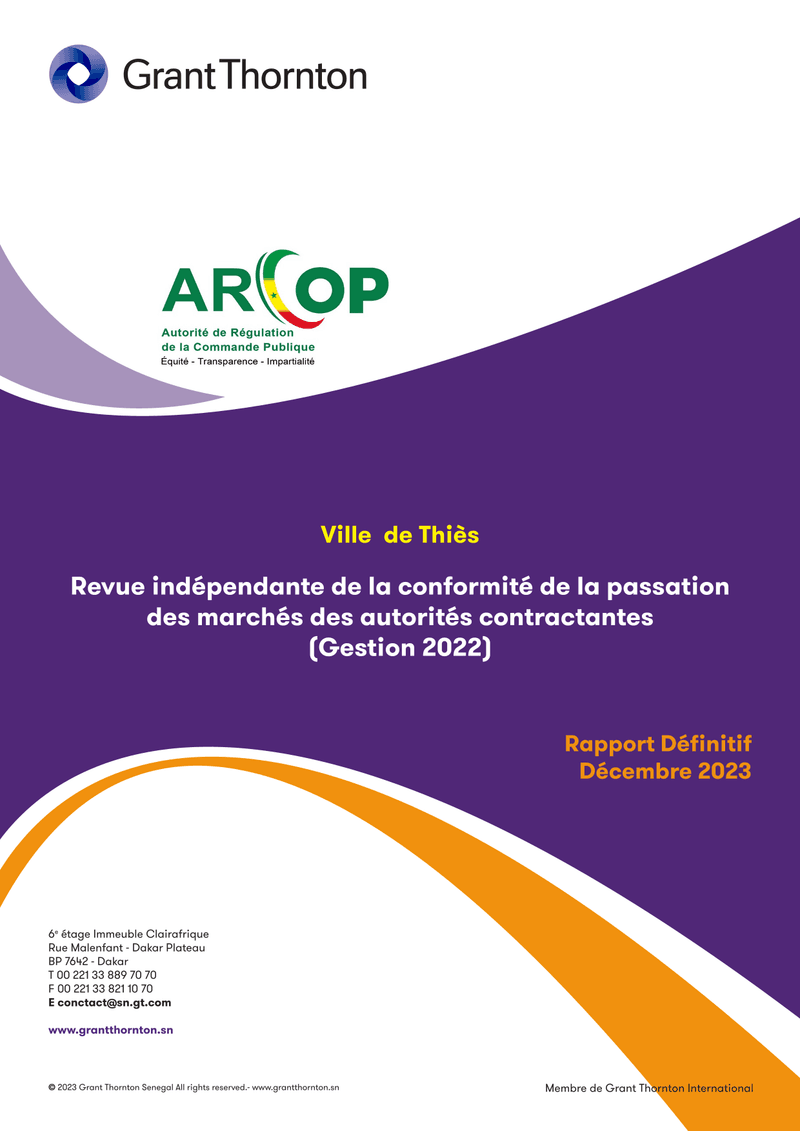 Revue indépendante de la passation des marchés de la Ville de Thiès, gestion 2022 – ARCOP