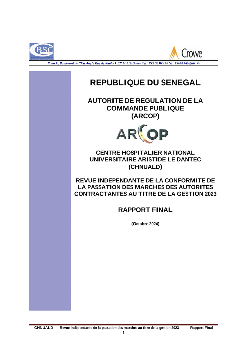 Revue indépendante de la passation des marchés du CHNUALD, gestion 2023 – ARCOP