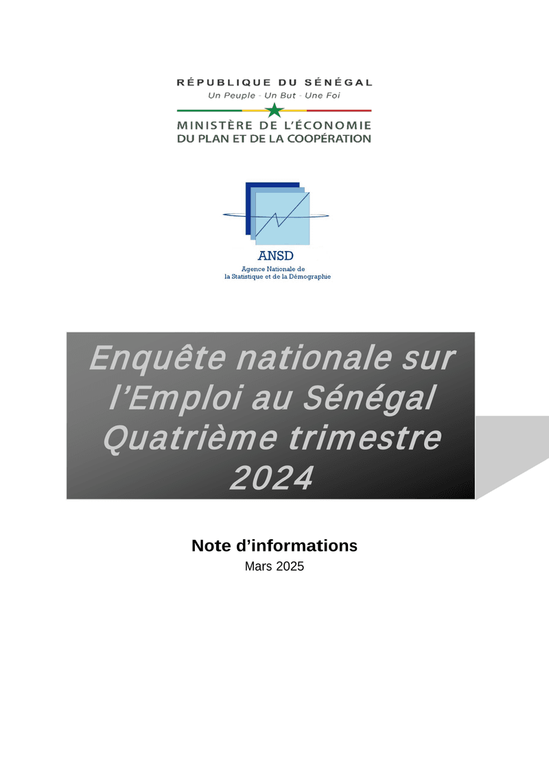 Enquête nationale sur l’emploi au Sénégal, quatrième trimestre 2024 – ANSD
