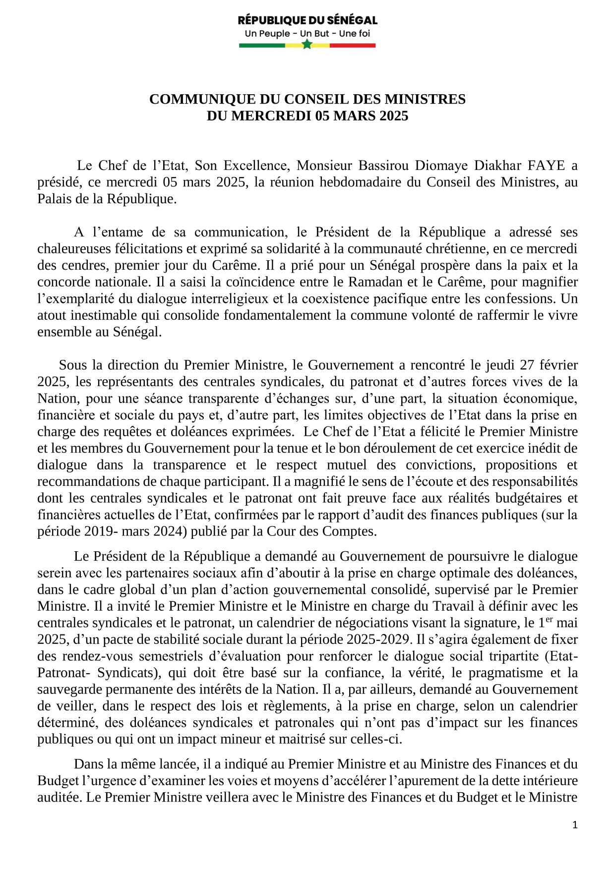 Conseil des ministres du 05 mars 2025
