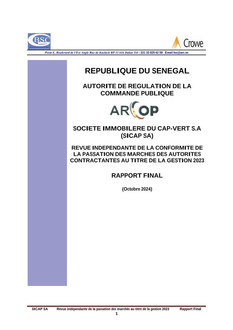 Rapport final d’audit de conformité de la passation des marchés publics de la SICAP SA pour la gestion 2023 – ARCOP