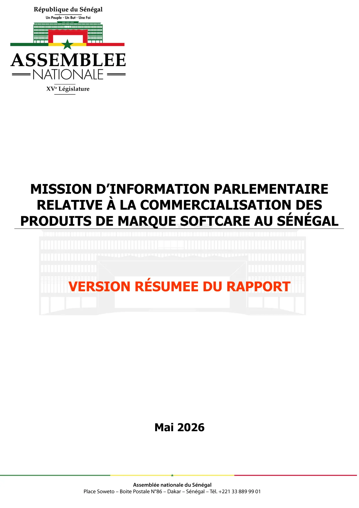 Produits SOFTCARE au Sénégal - Rapport résumé de la Mission d'information parlementaire – Assemblée nationale (mai 2026)