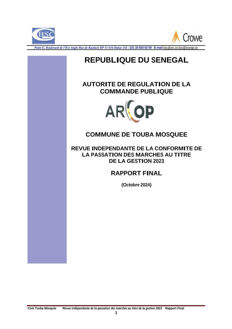 Rapport final de revue indépendante de la conformité de la passation des marchés de la Commune de Touba Mosquée pour la gestion 2023 – ARCOP