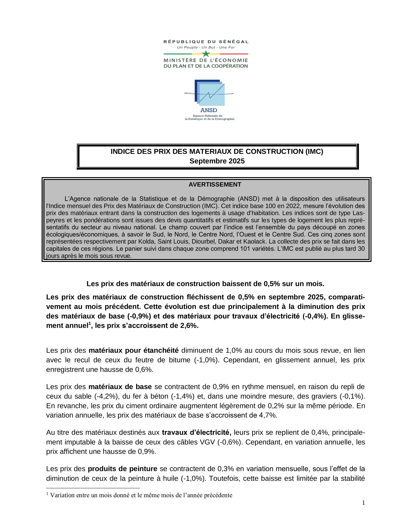 Indice des prix des matériaux de construction (IMC), septembre 2025 – ANSD