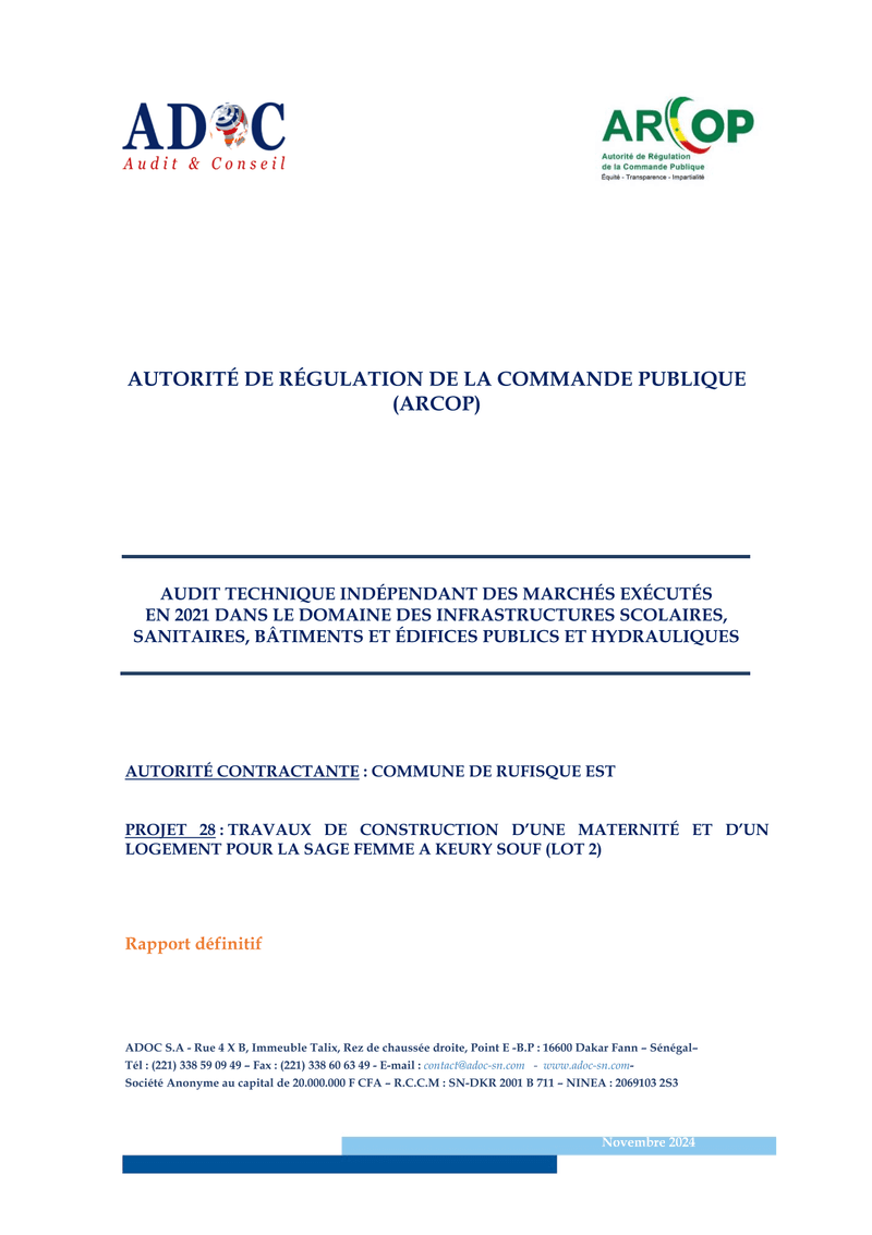 Rapport définitif d’audit technique indépendant sur la construction d’une maternité et d’un logement de sage-femme à Keury Souf (lot 2), Rufisque Est – ARCOP