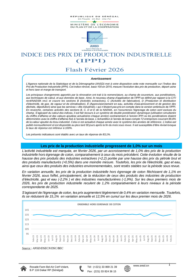 Indice des prix de production industrielle (IPPI), Flash de février 2026 – ANSD