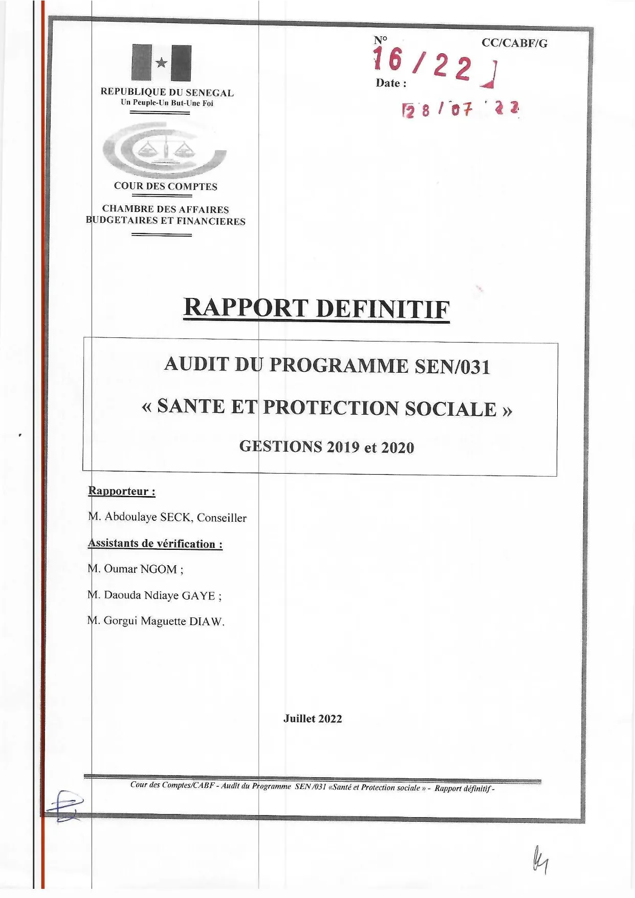 Cour des comptes Rapport SEN/031 sante et protection sociale (2019-2020)
