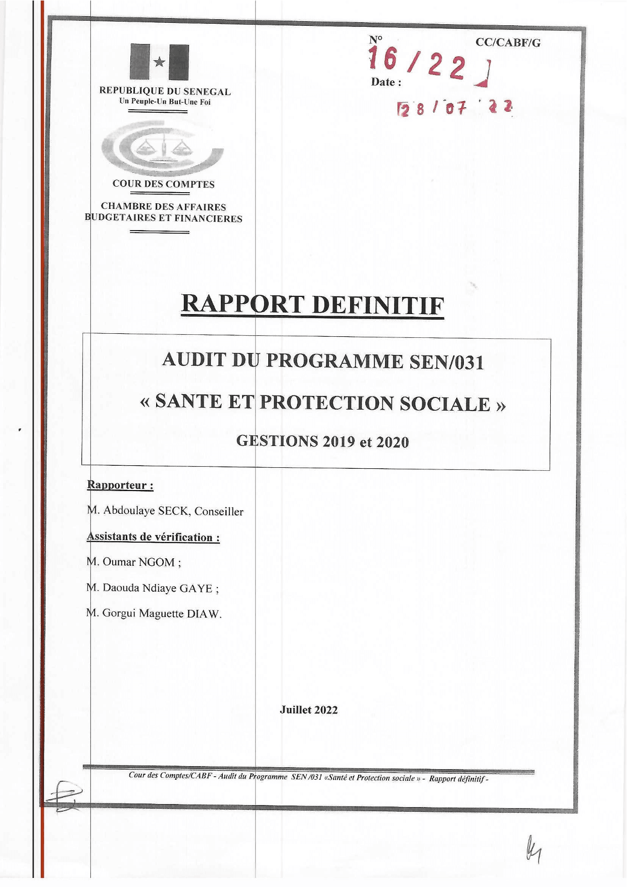 Cour des comptes Rapport SEN/031 sante et protection sociale (2019-2020)