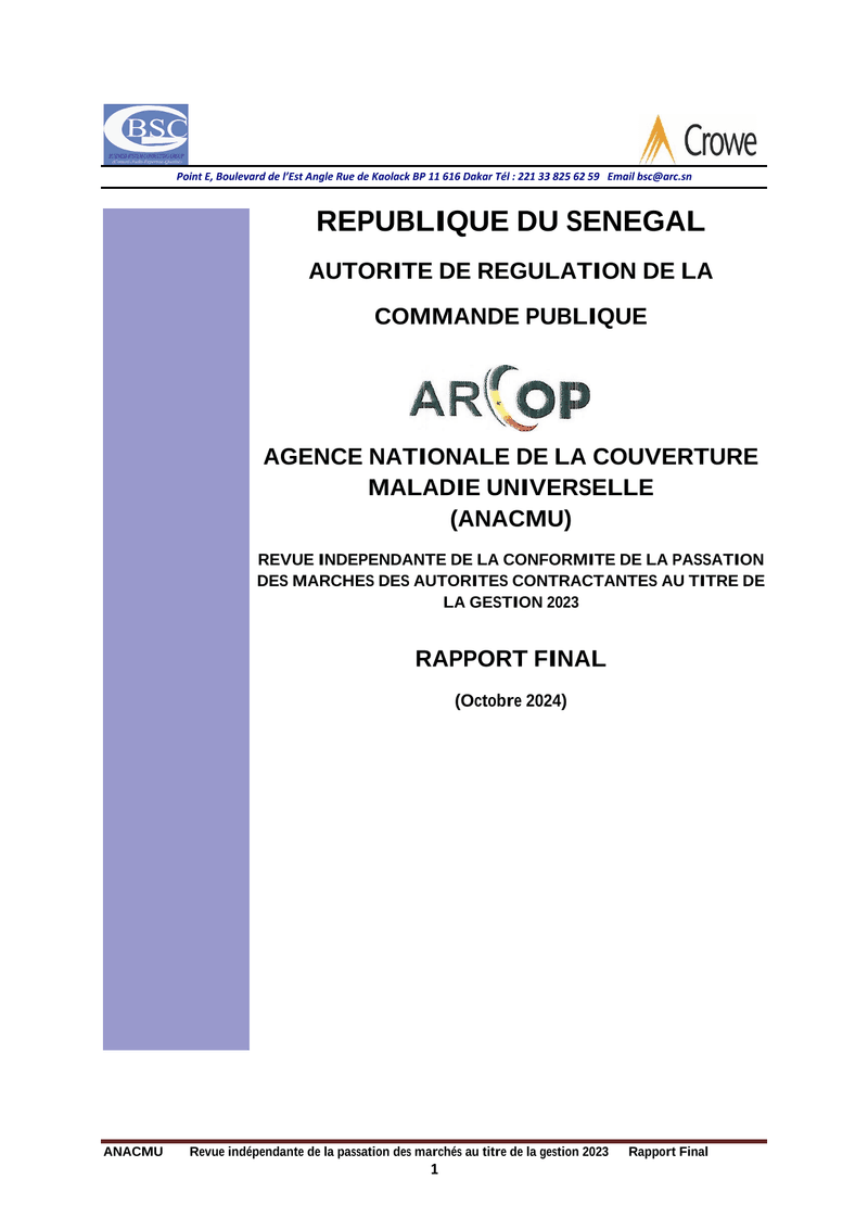 Rapport final d’audit de conformité des marchés publics de l’Agence nationale de la couverture maladie universelle pour la gestion 2023 – ARCOP