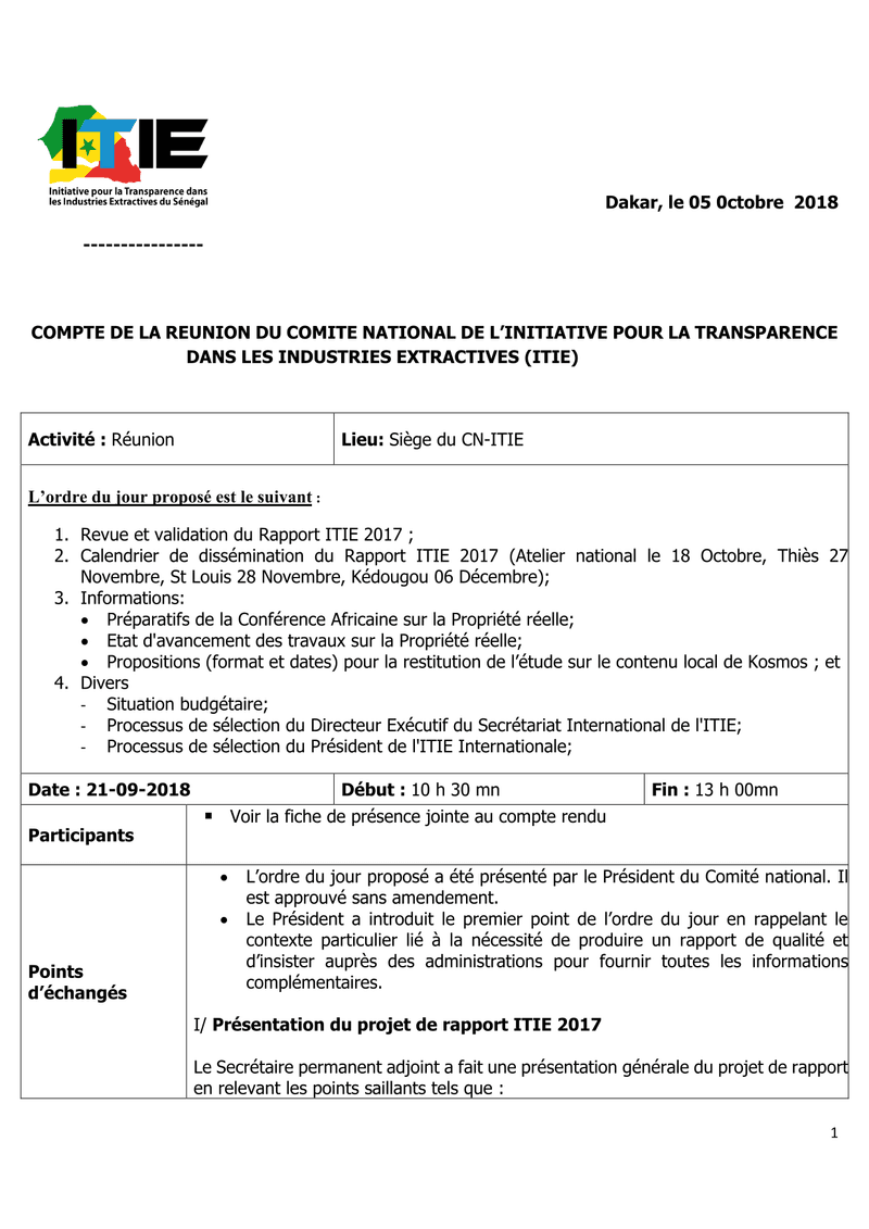 Compte rendu de la réunion du Comité national de l’ITIE Sénégal du 21 septembre 2018 sur la validation du Rapport ITIE 2017