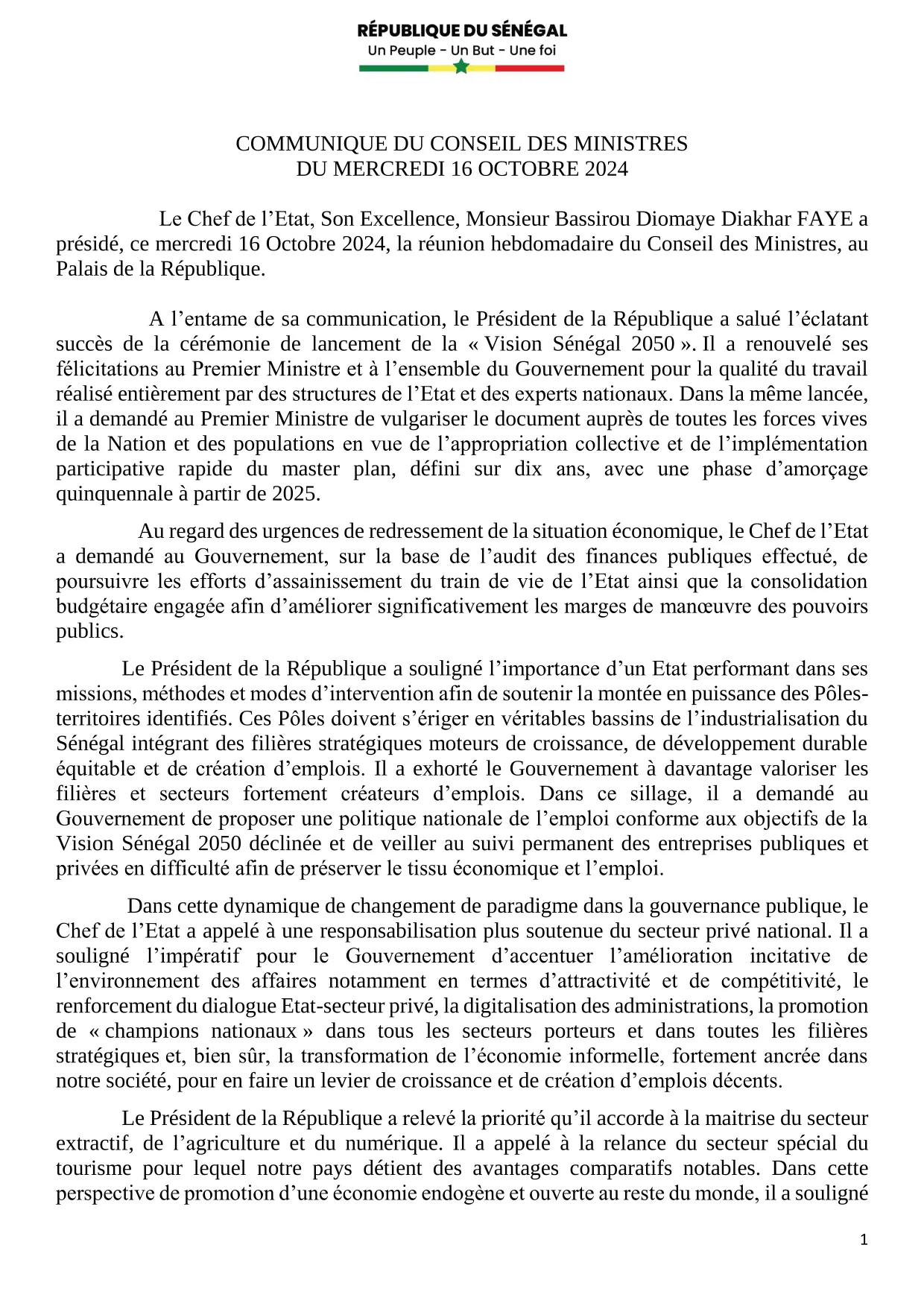 Conseil des ministres du 16 octobre 2024