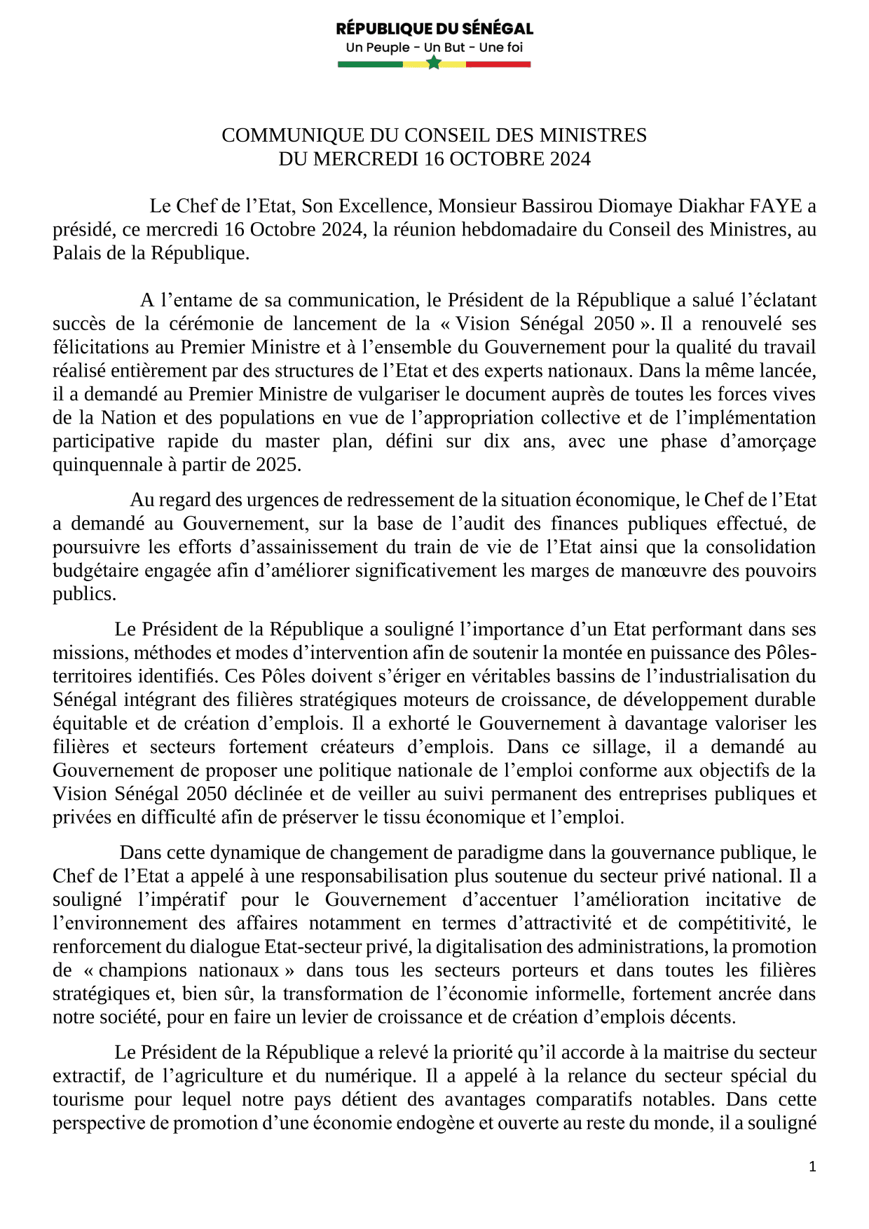 Conseil des ministres du 16 octobre 2024