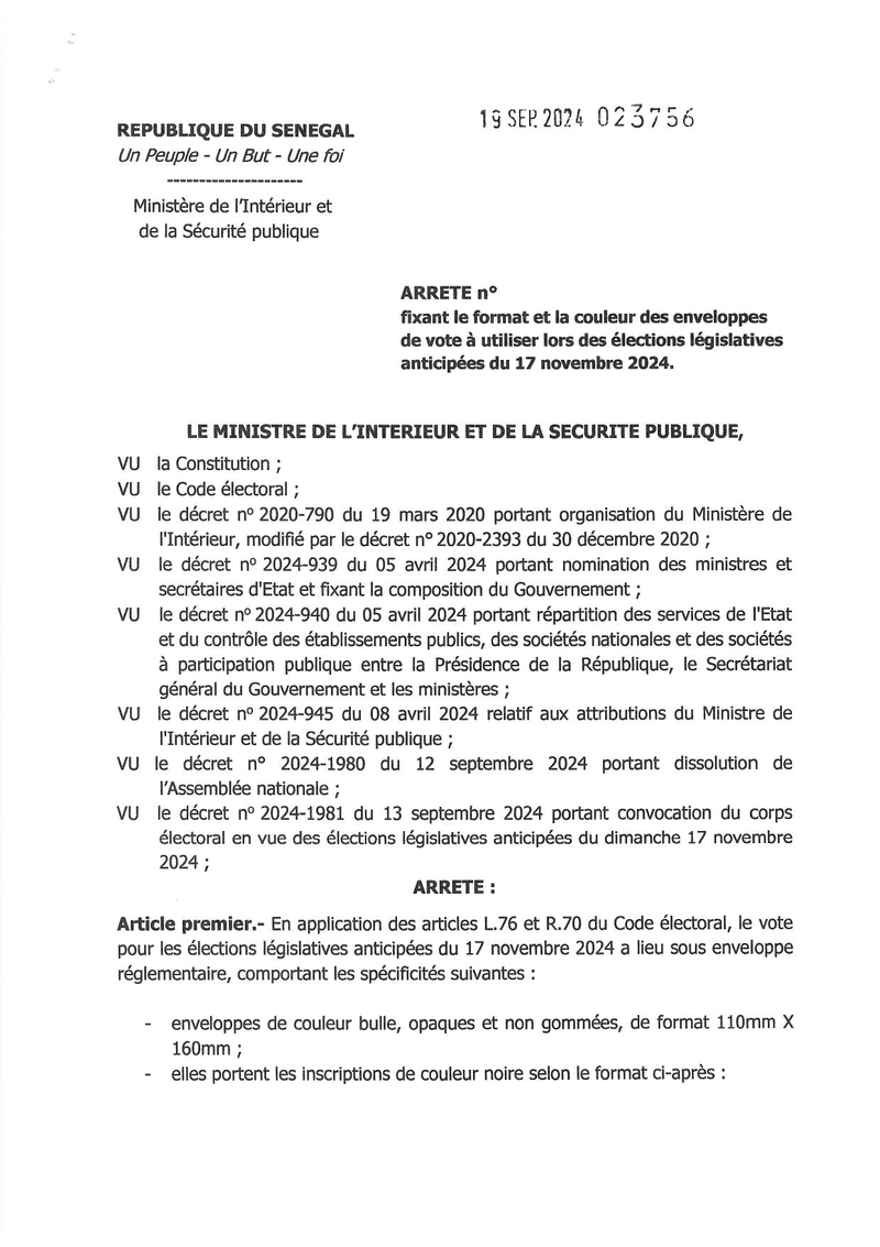 Arrêté fixant les caractéristiques des enveloppes de vote pour les élections législatives anticipées du 17 novembre 2024 – Ministère de l’Intérieur et de la Sécurité publique