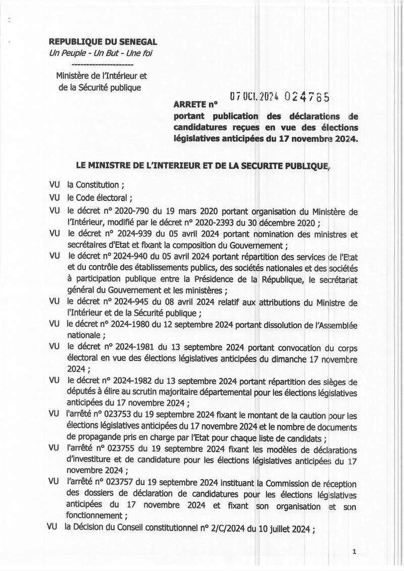 Arrêté n° 024785 du 7 octobre 2024 portant publication des candidatures reçues pour les élections législatives anticipées du 17 novembre 2024 – Ministère de l'Intérieur et de la Sécurité publique