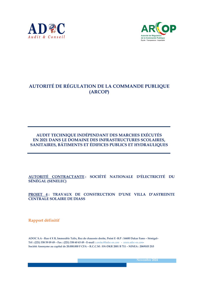 Rapport définitif d’audit technique indépendant sur les travaux de construction d’une villa d’astreinte à la centrale solaire de Diass – ARCOP
