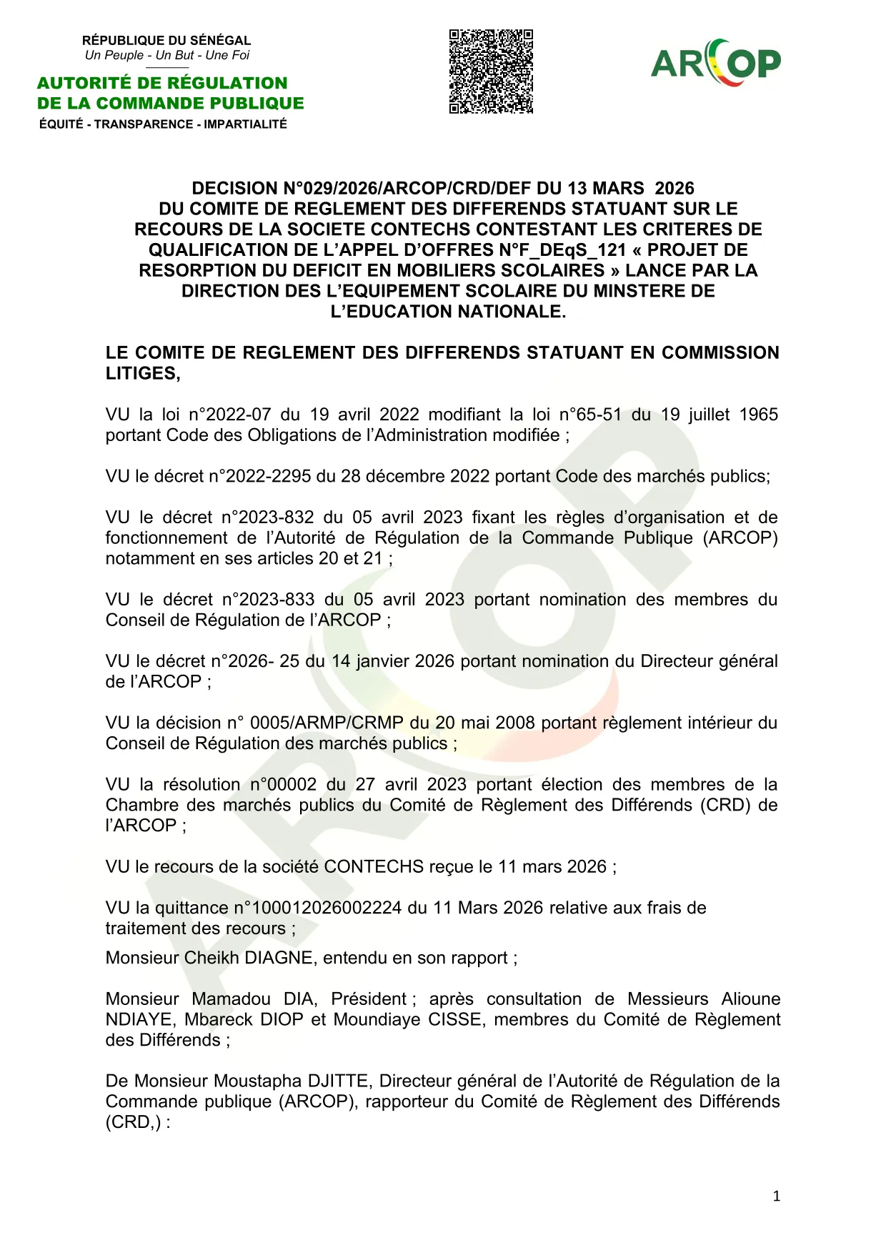 Décision n°029/2026/ARCOP/CRD/DEF du 13 mars 2026 sur le recours de CONTECHS contre les critères de qualification de l’appel d’offres n°F_DEqS_121 relatif aux mobiliers scolaires – ARCOP