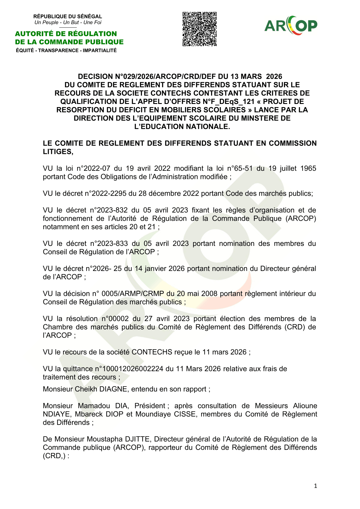Décision n°029/2026/ARCOP/CRD/DEF du 13 mars 2026 sur le recours de CONTECHS contre les critères de qualification de l’appel d’offres n°F_DEqS_121 relatif aux mobiliers scolaires – ARCOP