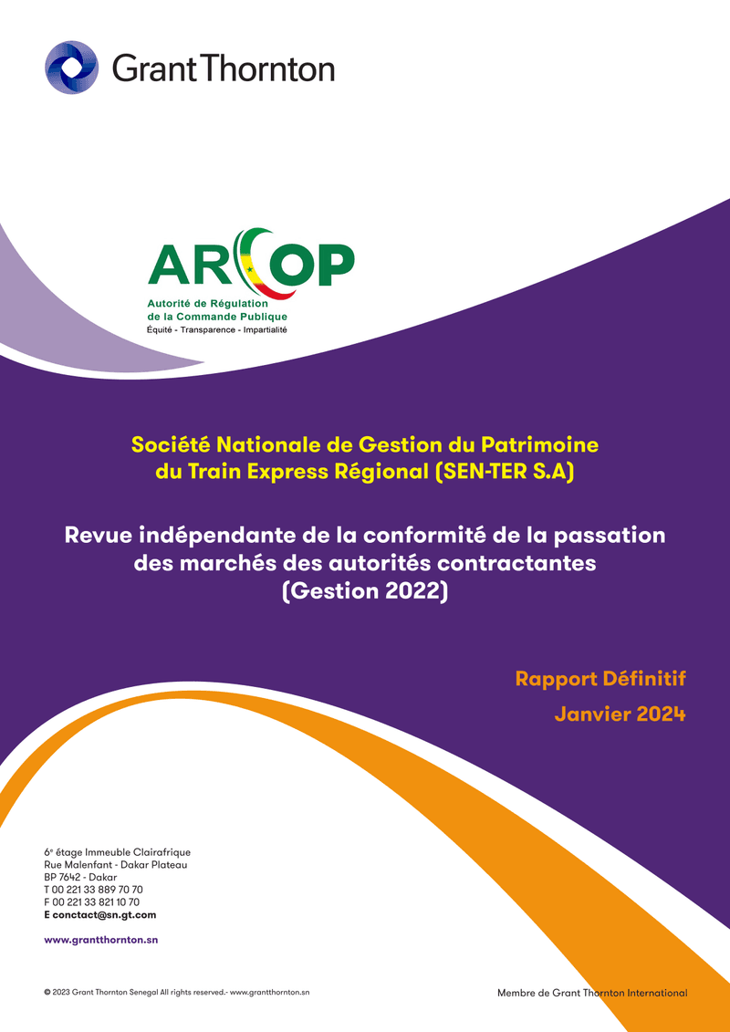 Rapport d’audit de conformité de la passation des marchés publics de la Société Nationale de Gestion du Patrimoine du Train Express Régional (SEN-TER S.A.), gestion 2022 – ARCOP