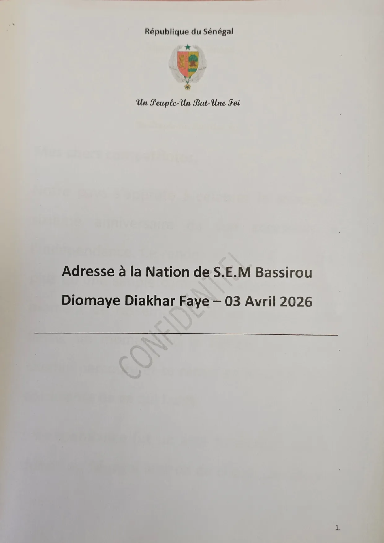 Adresse à la Nation du président Diomaye FAYE ce 3 avril 2026