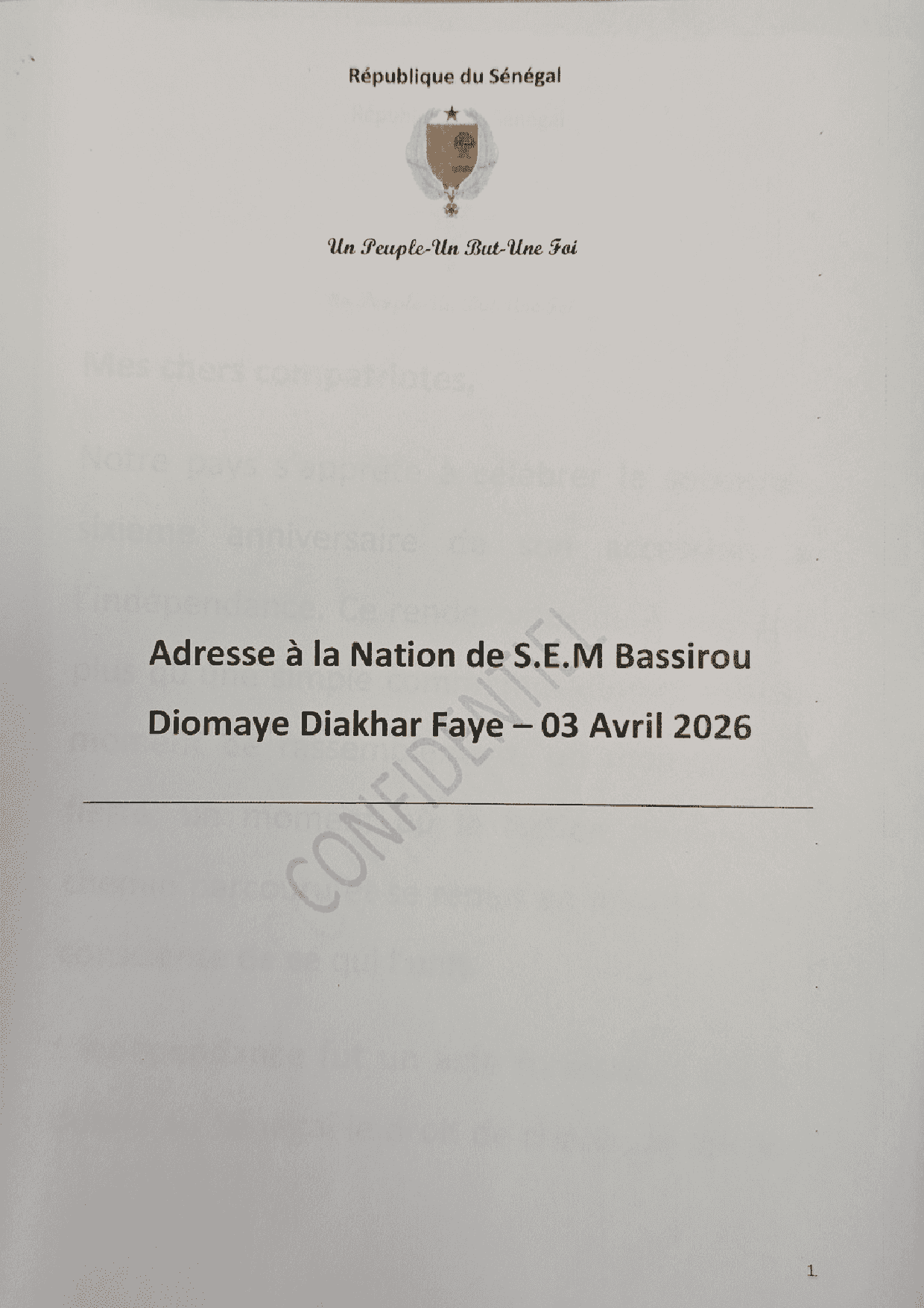 Adresse à la Nation du président Diomaye FAYE ce 3 avril 2026