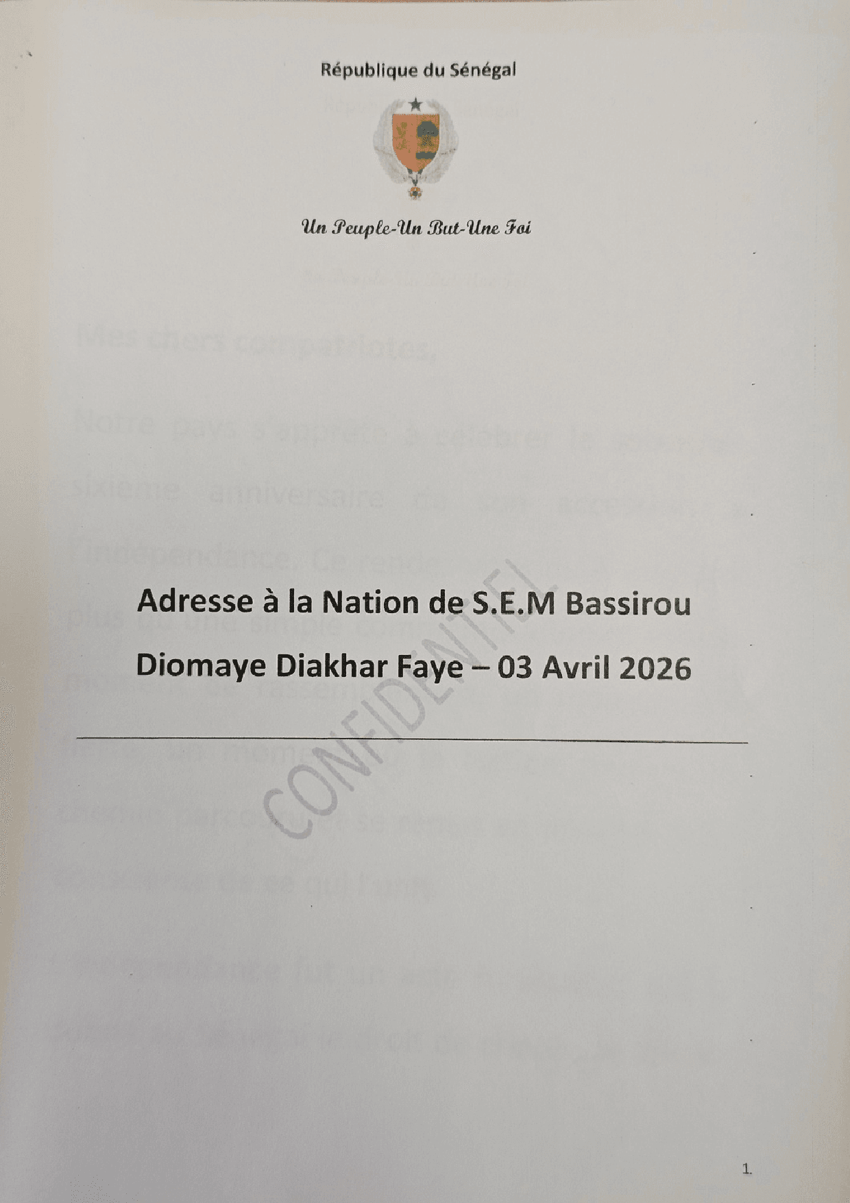 Adresse à la Nation du président Diomaye FAYE ce 3 avril 2026