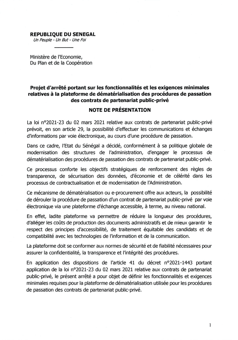 Projet d’arrêté relatif à la plateforme de dématérialisation des procédures de passation des contrats de partenariat public-privé au Sénégal – Ministère de l’Economie, du Plan et de la Coopération