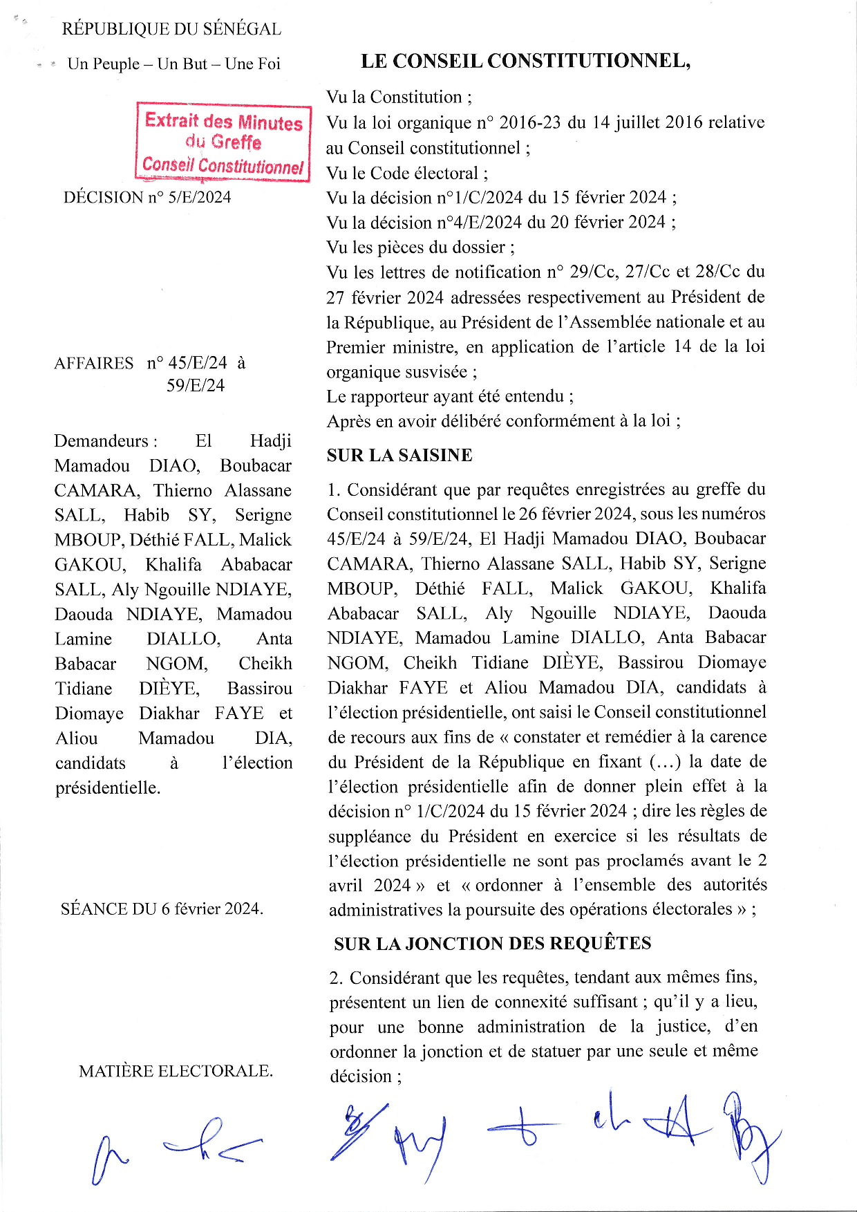 Décision n° 5/E/2024 du 6 mars 2024 fixant la date du scrutin de l’élection présidentielle au 31 mars 2024 au Sénégal – Conseil constitutionnel du Sénégal