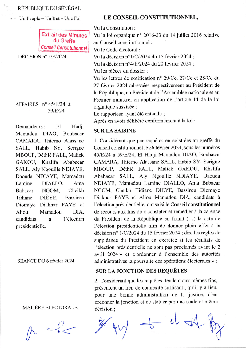 Décision n° 5/E/2024 du 6 mars 2024 fixant la date du scrutin de l’élection présidentielle au 31 mars 2024 au Sénégal – Conseil constitutionnel du Sénégal