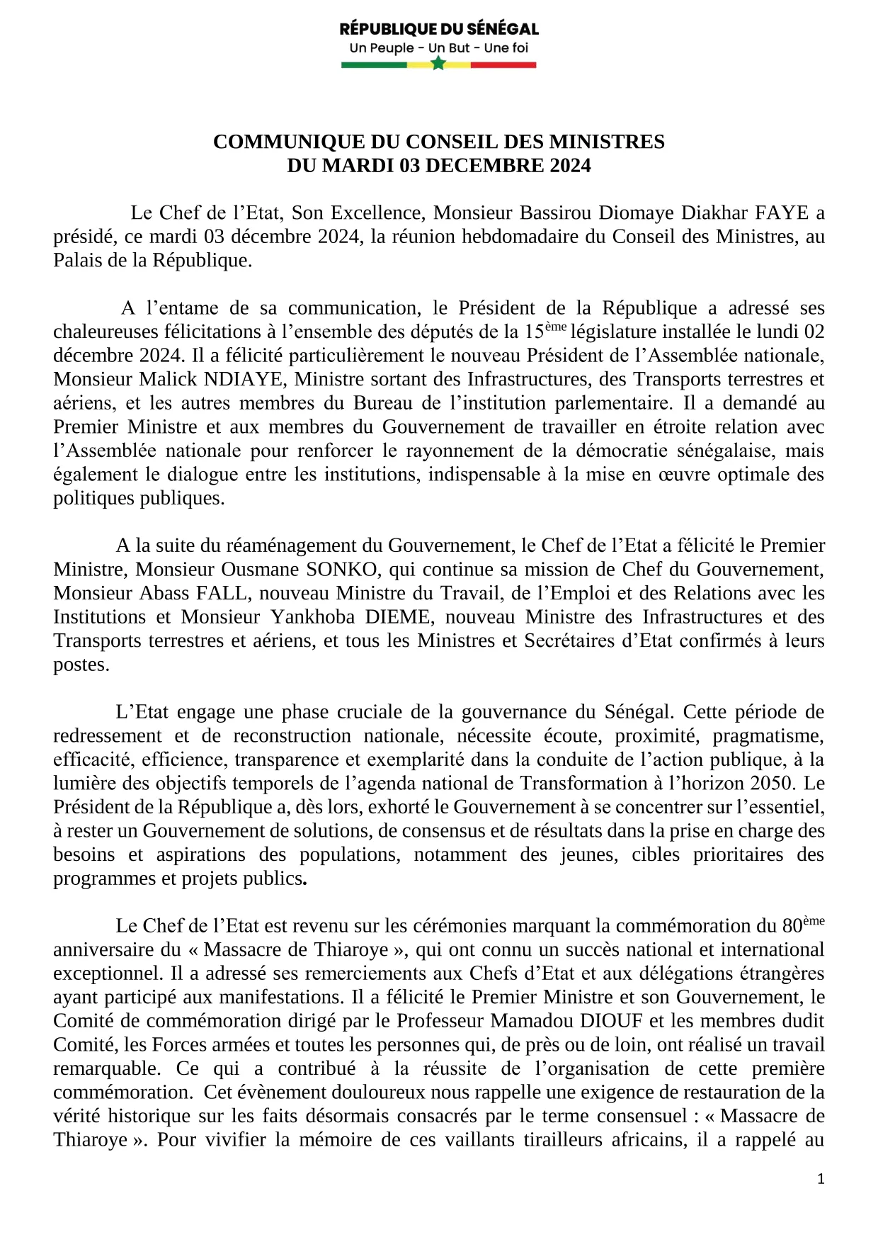 Conseil des ministres du 03 décembre 2024