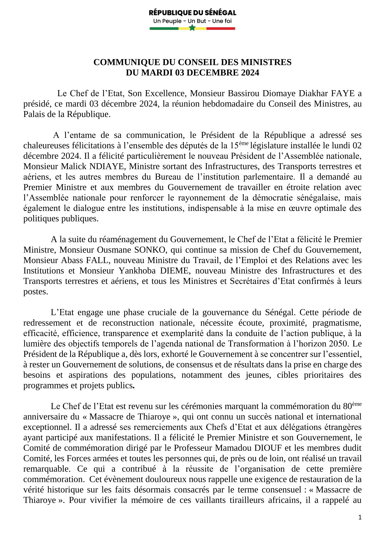 Conseil des ministres du 03 décembre 2024