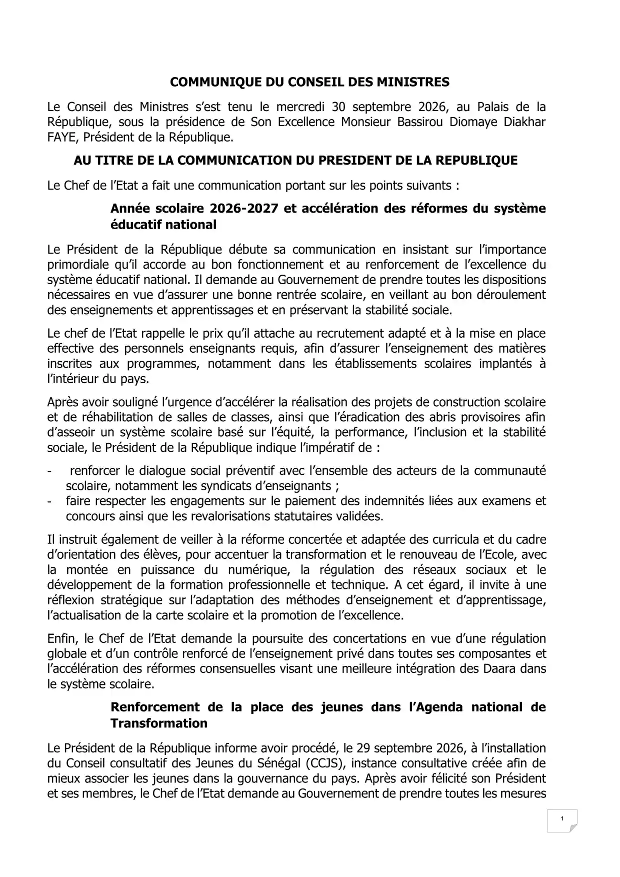 Conseil des Ministres du 30 septembre 2026