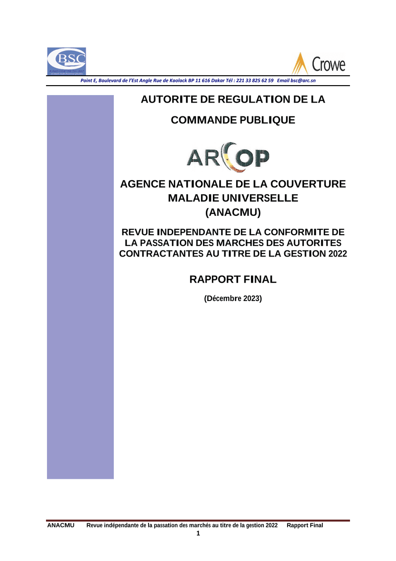 Rapport final d’audit de conformité des marchés publics de l’Agence nationale de la Couverture maladie universelle (ANACMU), gestion 2022 – ARCOP