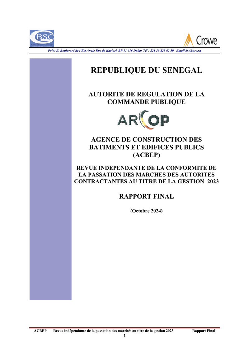 Rapport final d’audit de conformité de la passation des marchés publics de l’ACBEP – gestion 2023 – ARCOP
