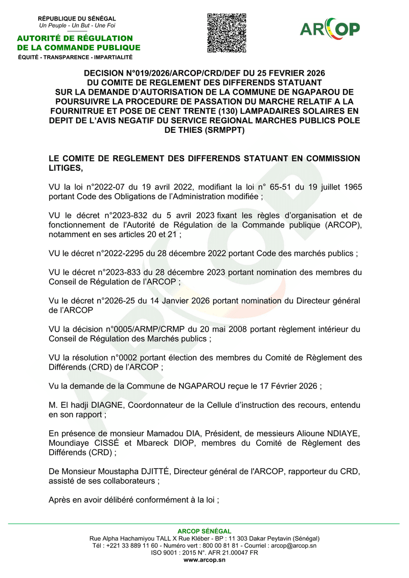 Décision n°019/2026 sur le marché de 130 lampadaires solaires à Ngaparou – ARCOP