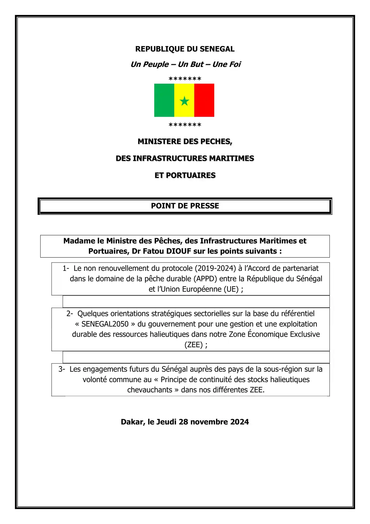 Communiqué sur les accords de pêche - Fatou DIOUF - Ministre des Pêches, des Infrastructures Maritimes et Portuaires