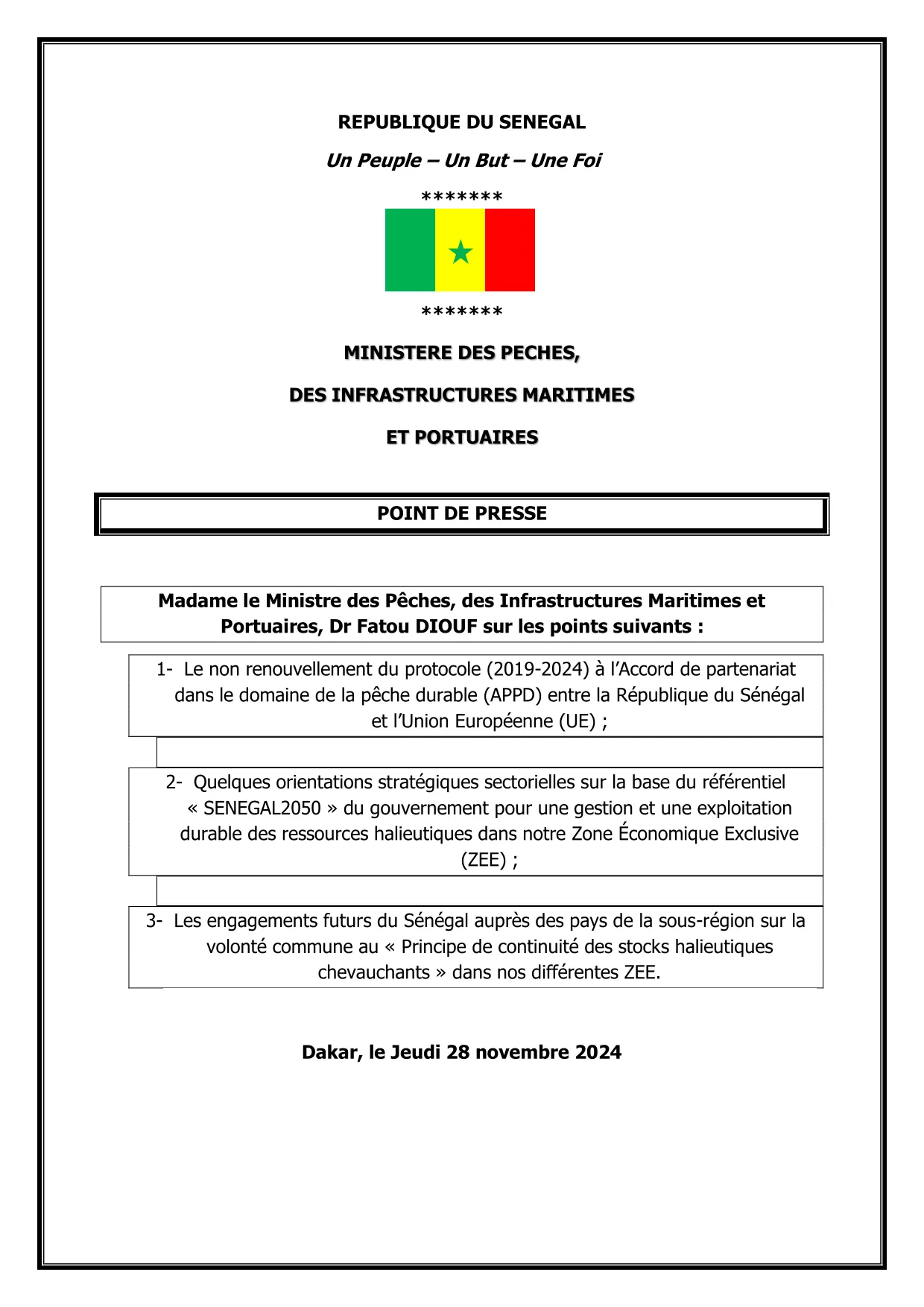 Communiqué sur les accords de pêche - Fatou DIOUF - Ministre des Pêches, des Infrastructures Maritimes et Portuaires