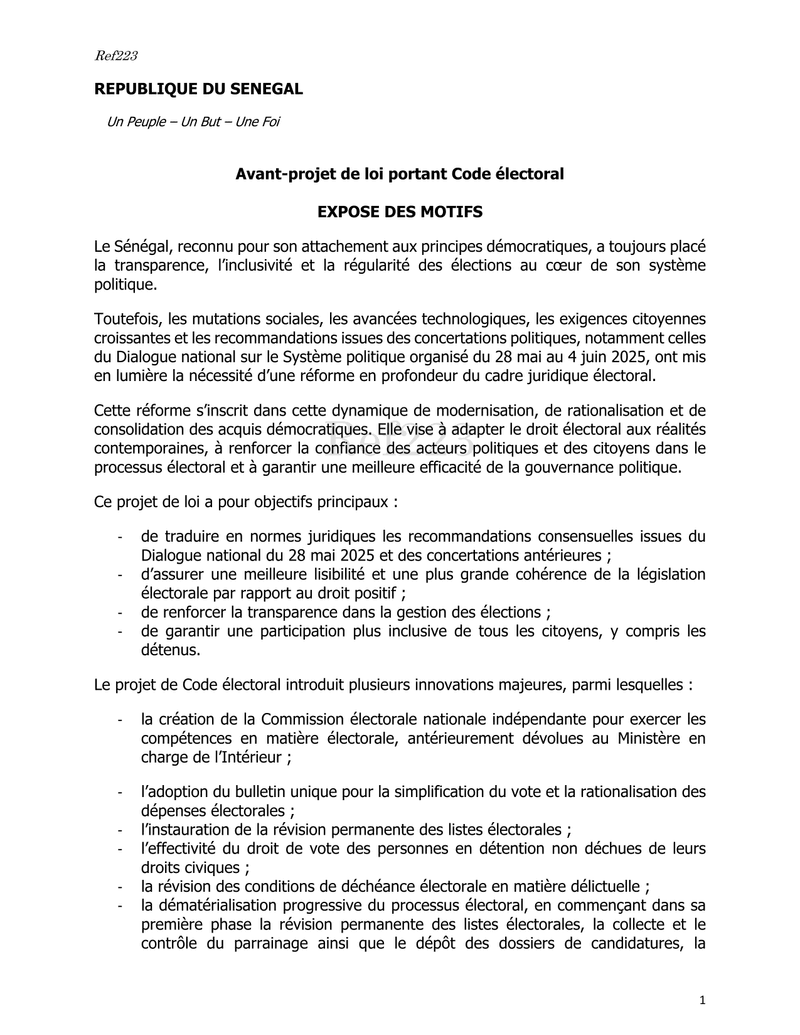Avant-projet de loi portant Code électoral du Sénégal – Modernisation du cadre juridique électoral