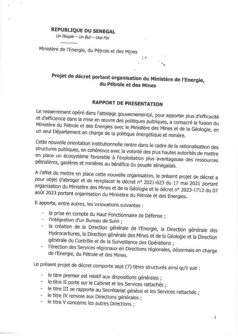 Décret n° 2024-1593 portant organisation du Ministère de l'Énergie, du Pétrole et des Mines – Présidence de la République