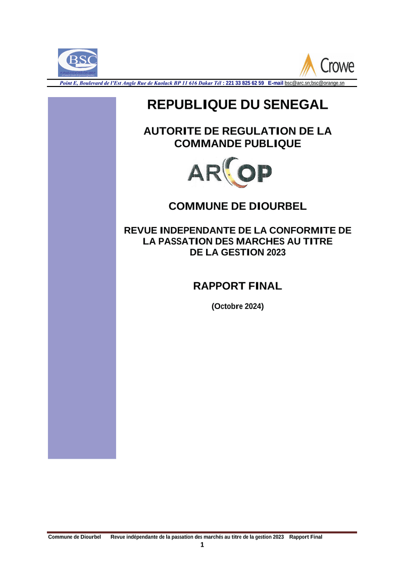 Rapport d’audit sur la conformité de la passation des marchés publics de la Commune de Diourbel, gestion 2023 – ARCOP